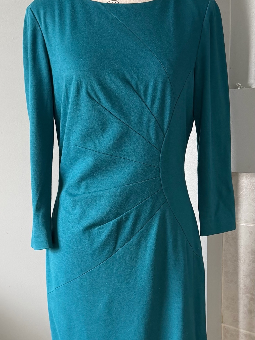 Tahari Teal Midi Sheath Dress with Diagonal Seaming
